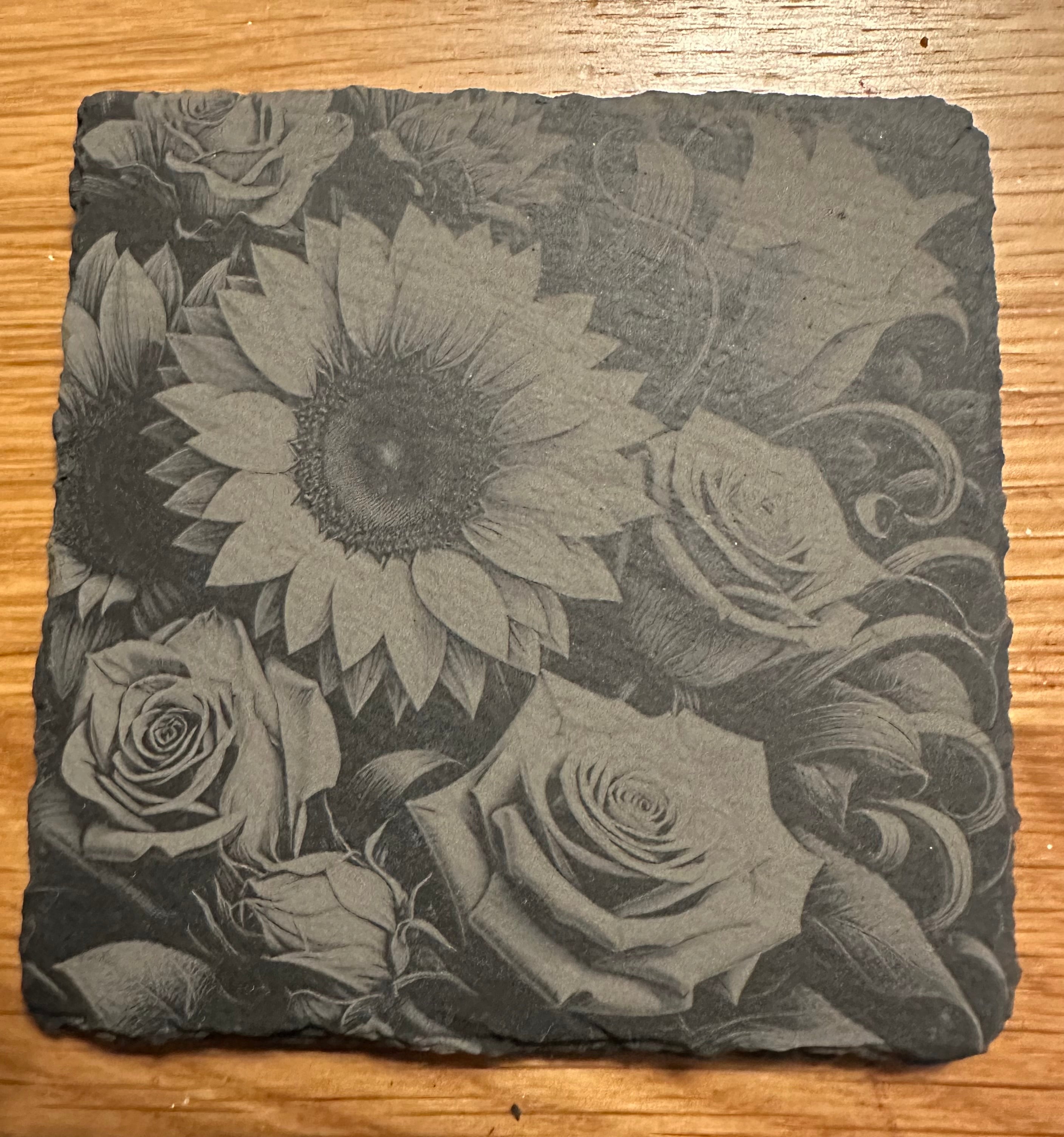 Slate coaster engraved flowers