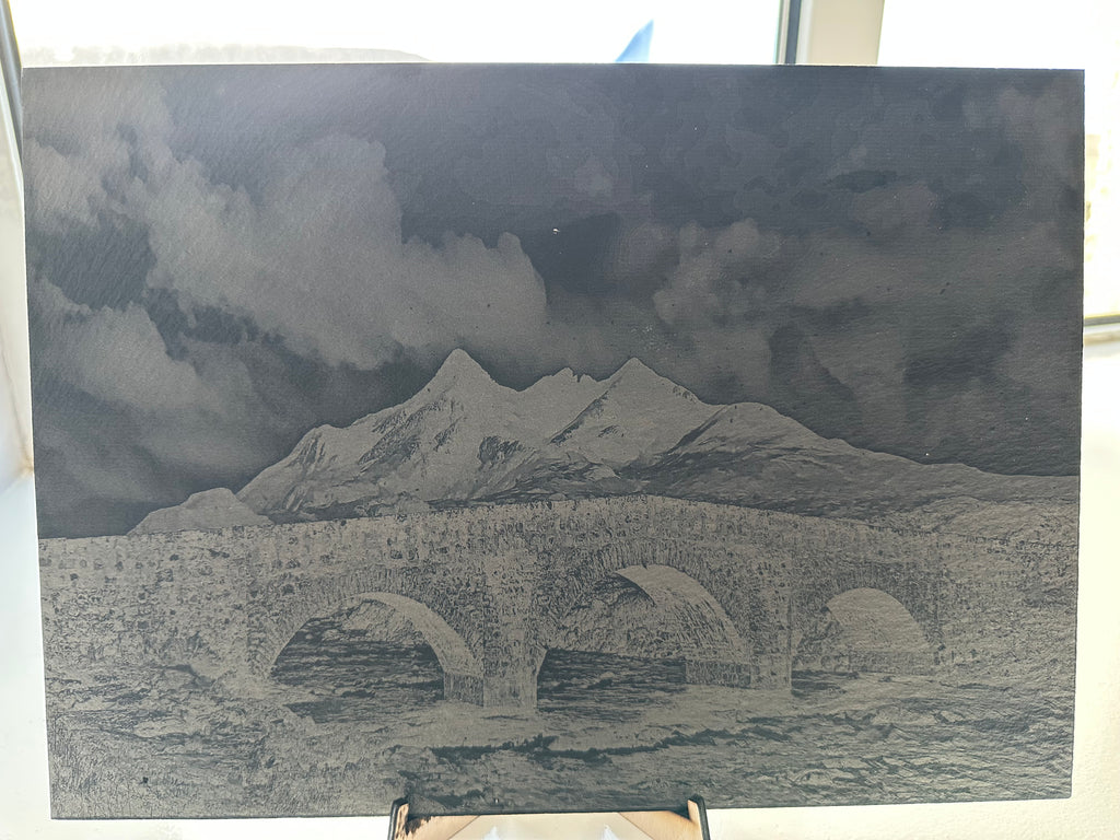 Slate platter of Sligachan over looking the Cuillins